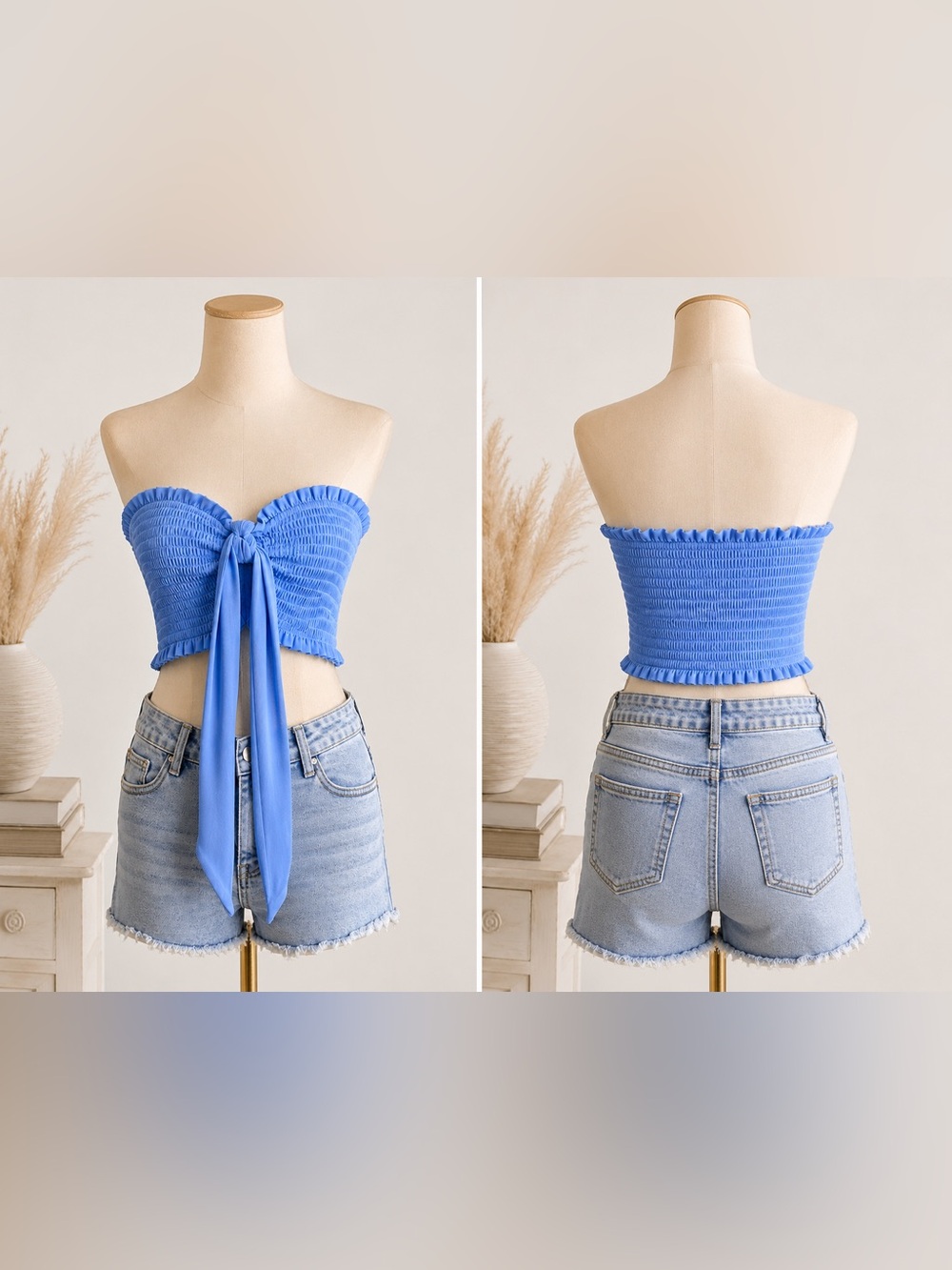 NEW Zenana Smocked Strapless Tie-Front Crop Top - Spring Blue